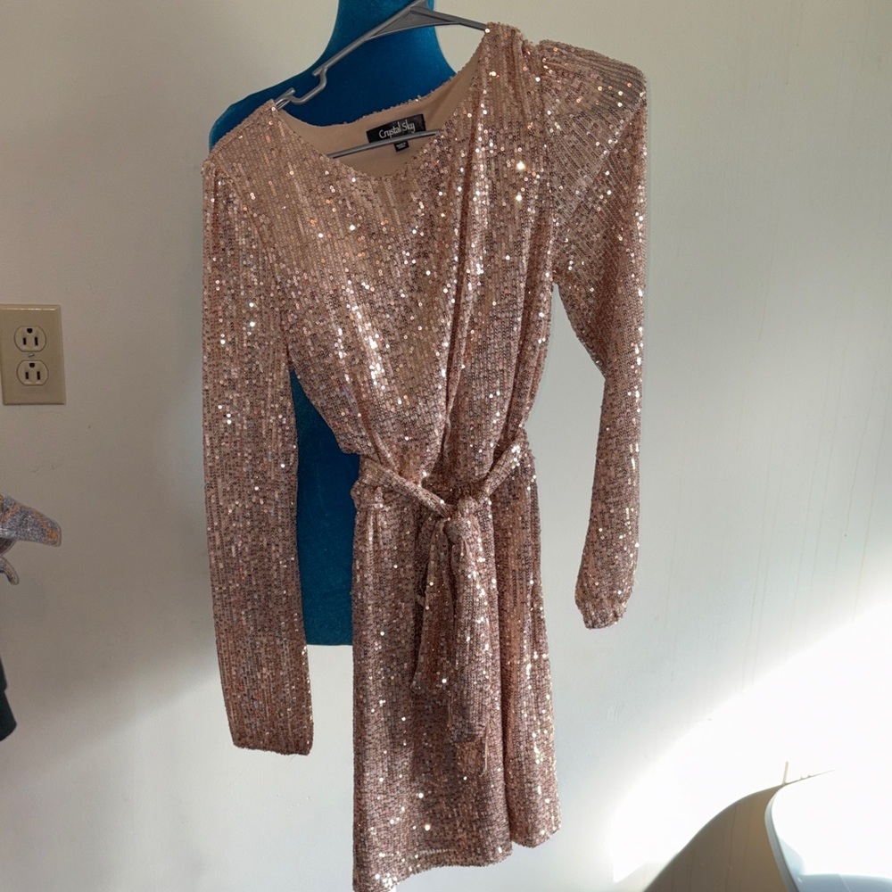 Cynthia Rowley Rose Gold Sequin Long-Sleeve Tie-Waist Dress